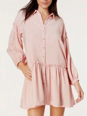 Free People Easy Street Mini Dress Size M Peach Long Sleeves Pockets Ruffles